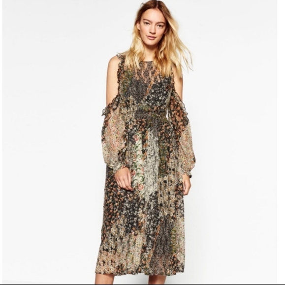 Zara Dresses & Skirts - Zara Lace Floral Cold Shoulder Midi Dress